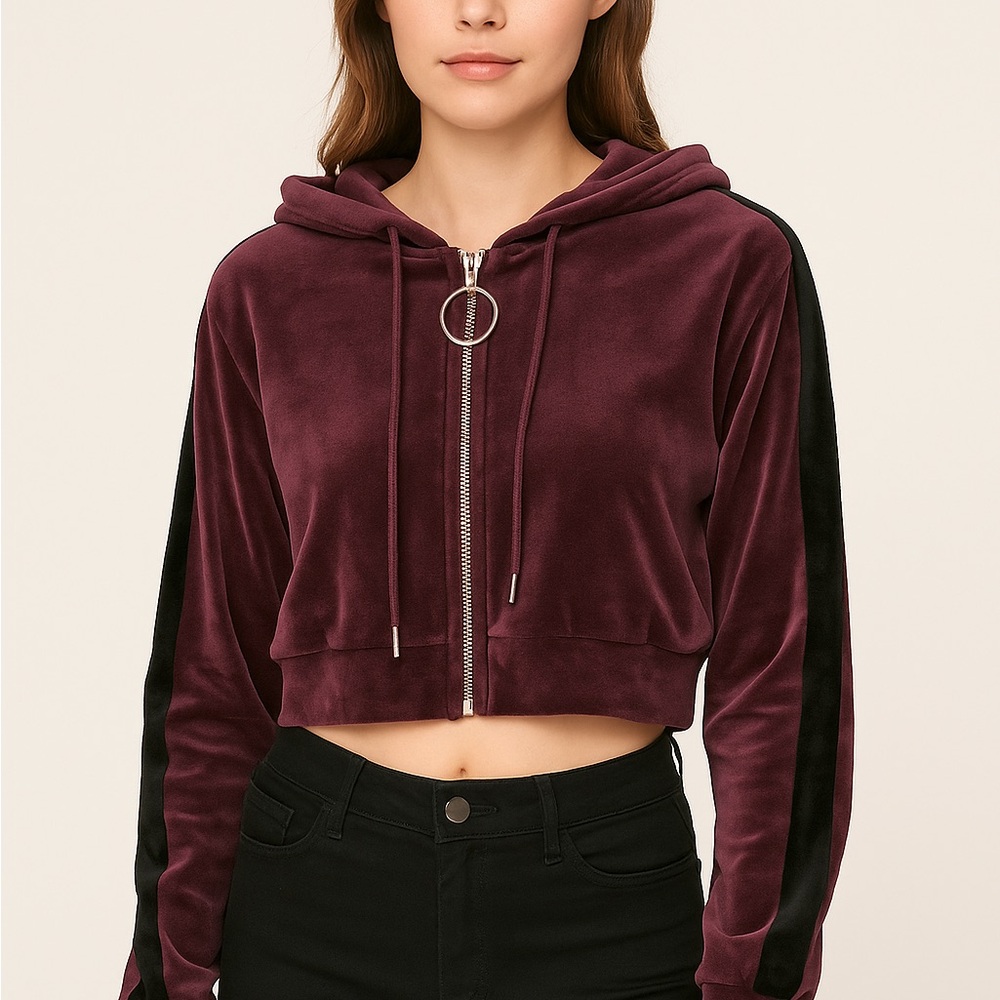 Forever 21 Purple Velour Cropped Zip-Up Hoodie with Black Stripe Y2K